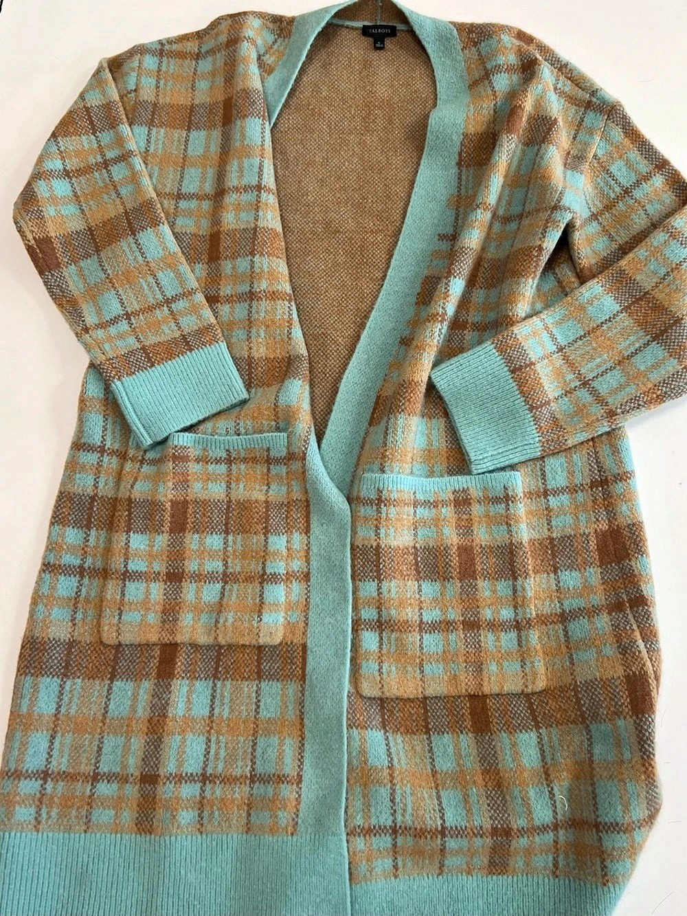 Talbots Bird's Eye Plaid Open Front Cardigan Blue & Brown